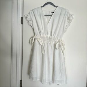 Zara White Mini Dress with Ruffles and Bows size small